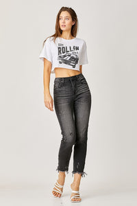 HIGH RISE FRAYED HEM JEANS