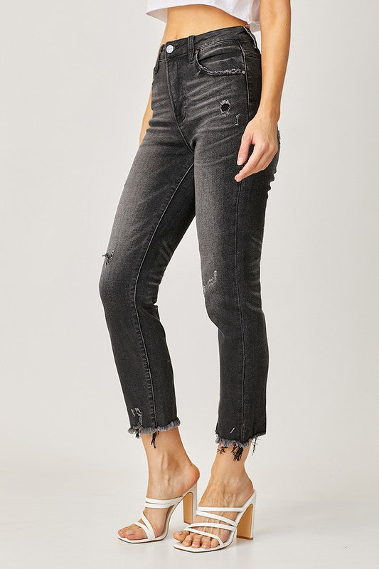 HIGH RISE FRAYED HEM JEANS