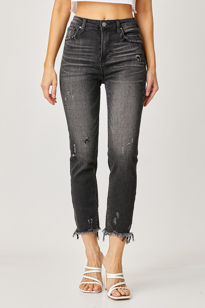 HIGH RISE FRAYED HEM JEANS