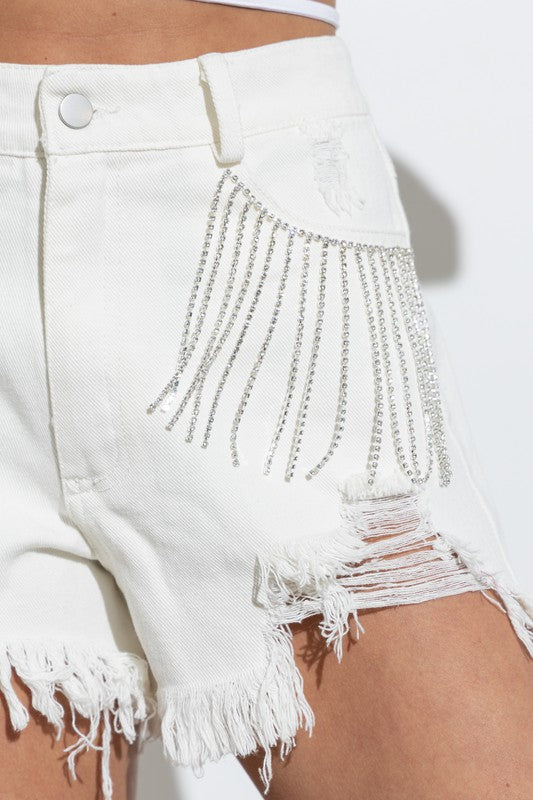 FRINGE RHINESTONE JEAN SHORTS