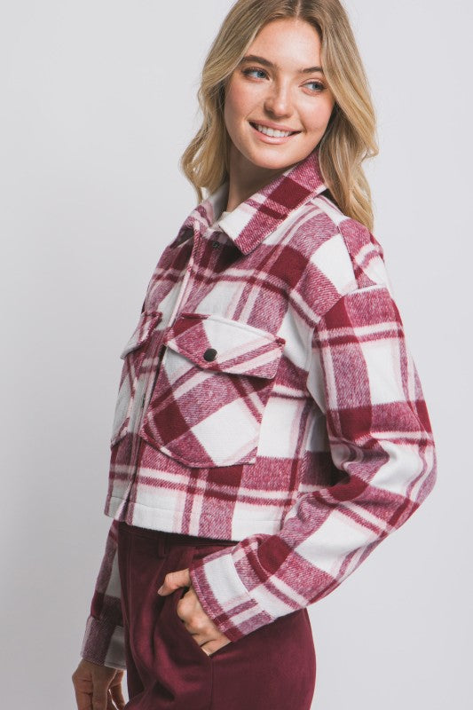 PLAID CROP BUTTON DOWN JACKET
