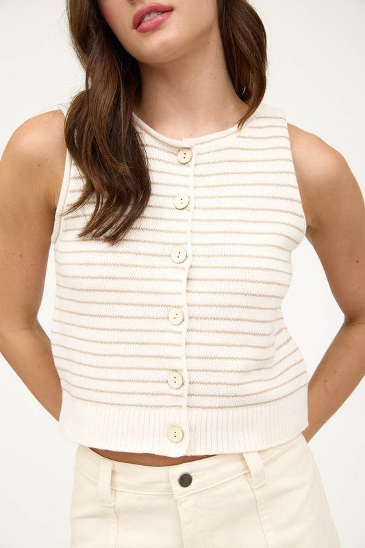STRIPE RAW EDGE BUTTON DOWN CARDIGAN VEST