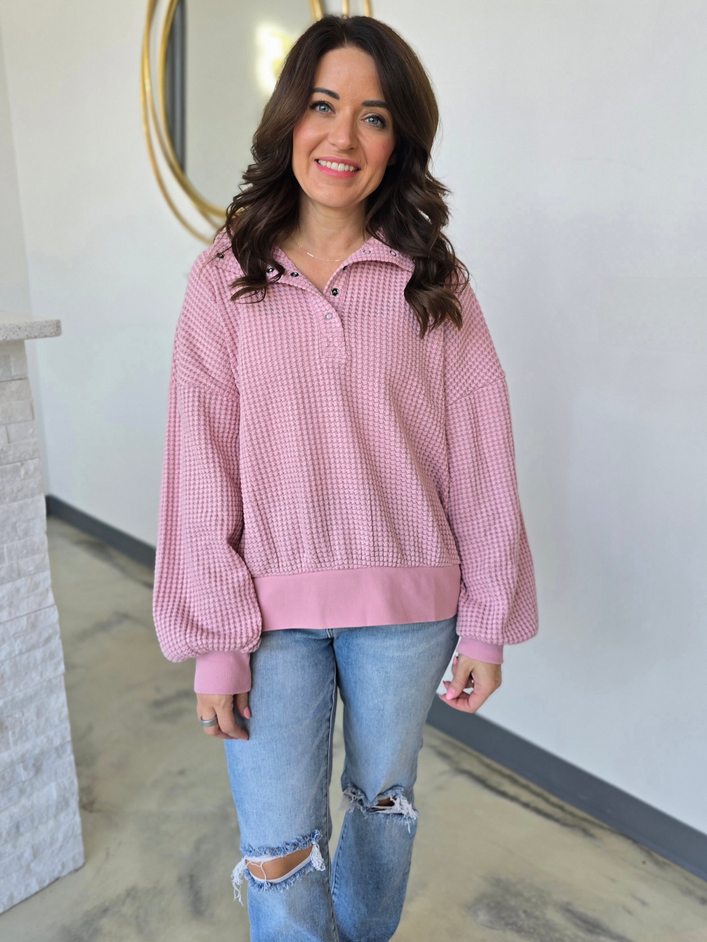 BUTTON UP WAFFLE SWEATER
