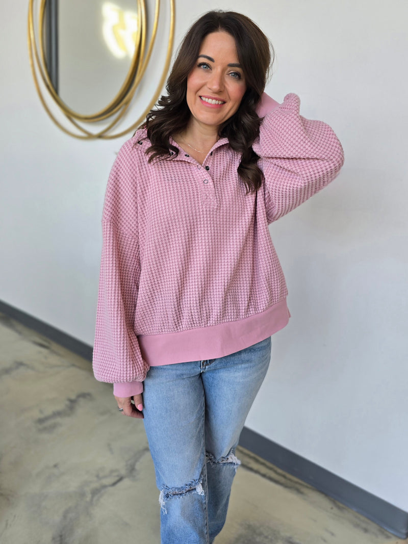 BUTTON UP WAFFLE SWEATER