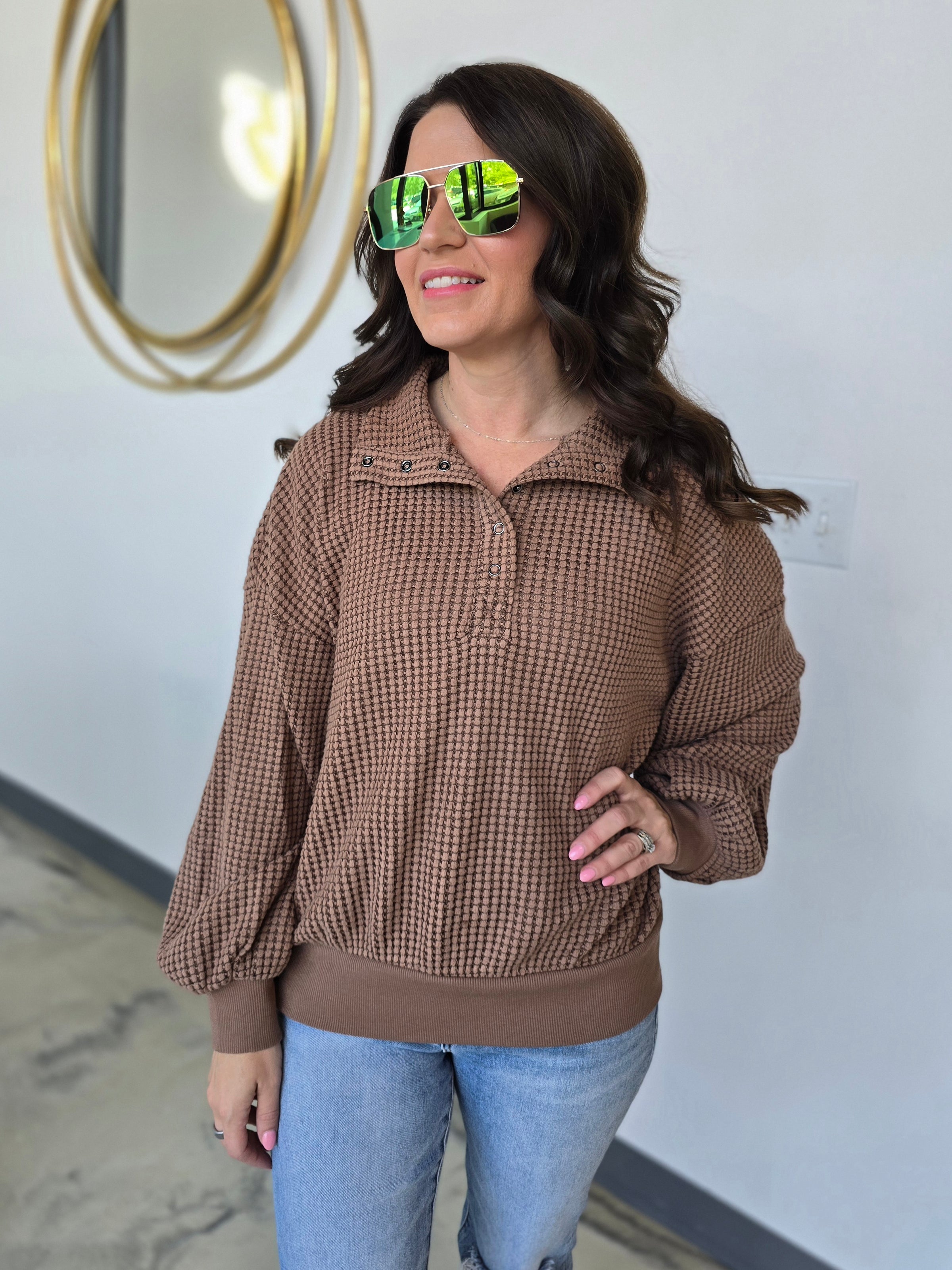 BUTTON UP WAFFLE SWEATER