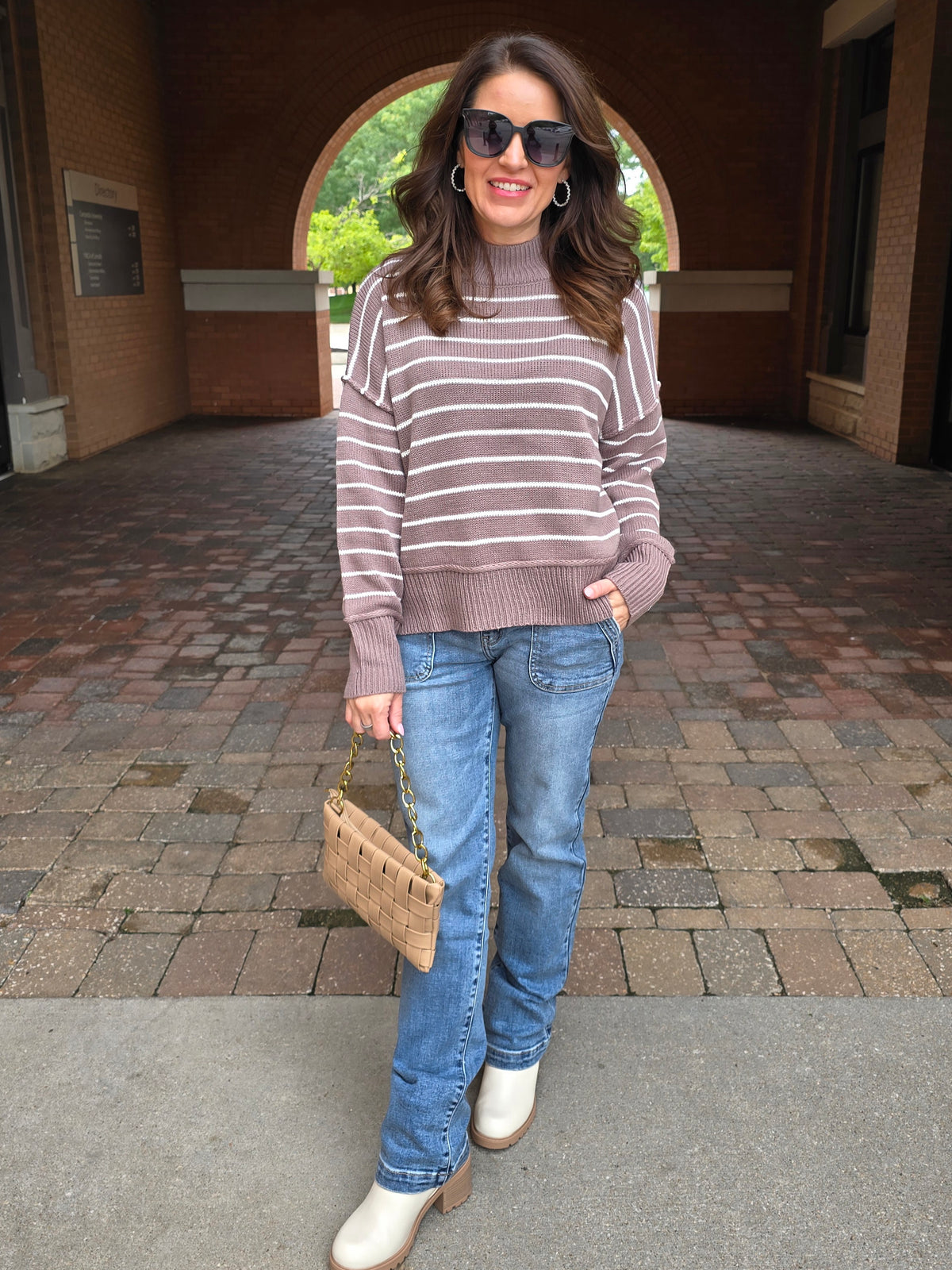 STRIPED MOCK NECK KNIT SWEATER