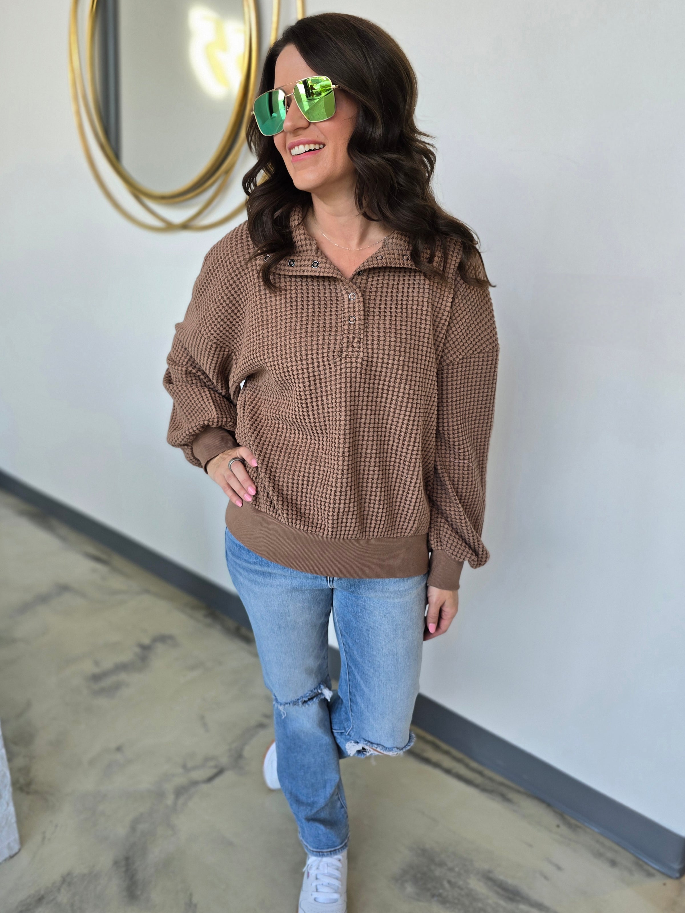 BUTTON UP WAFFLE SWEATER