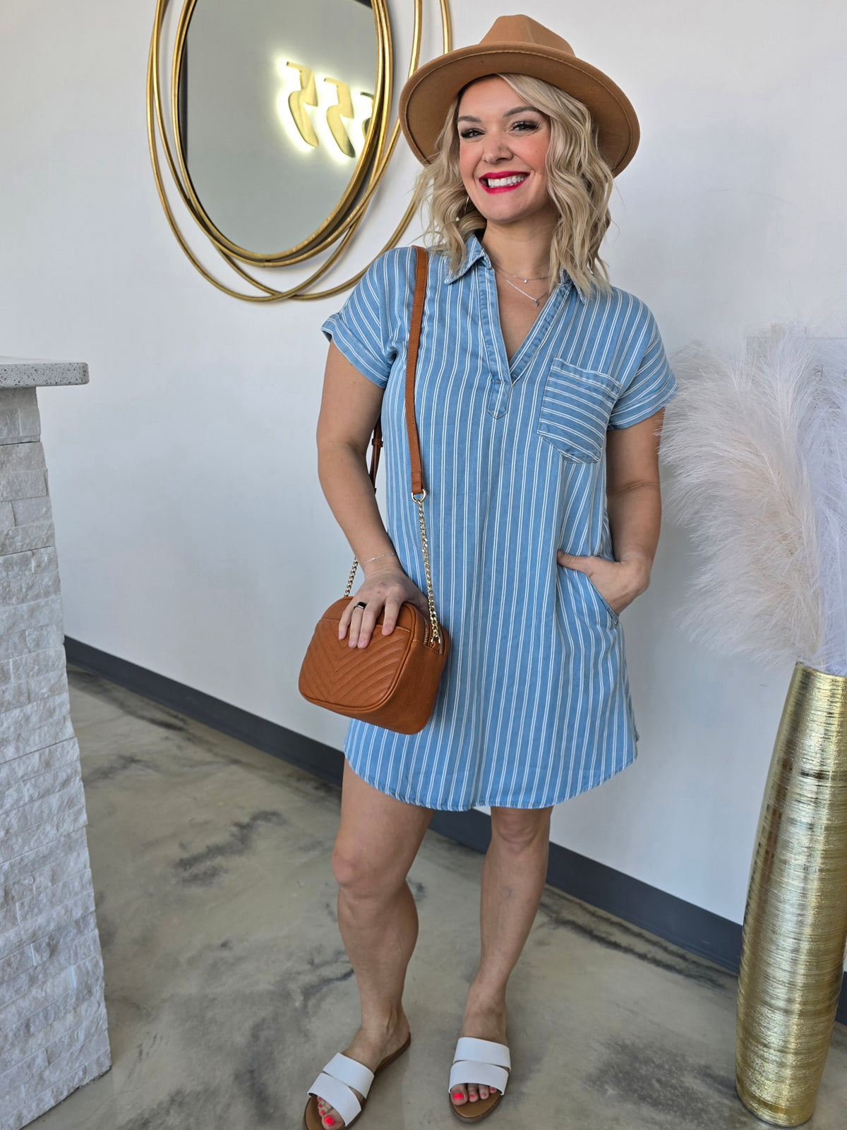 STRIPED DENIM MINI DRESS