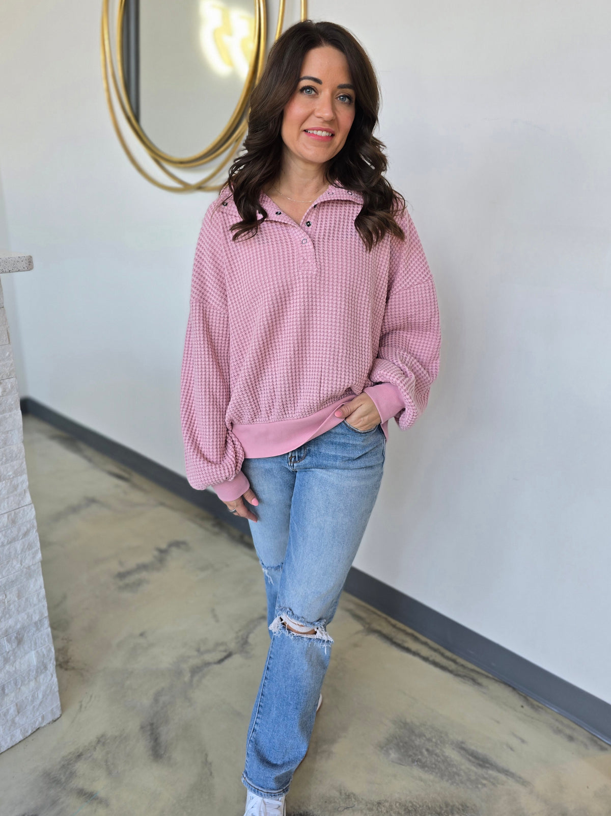 BUTTON UP WAFFLE SWEATER
