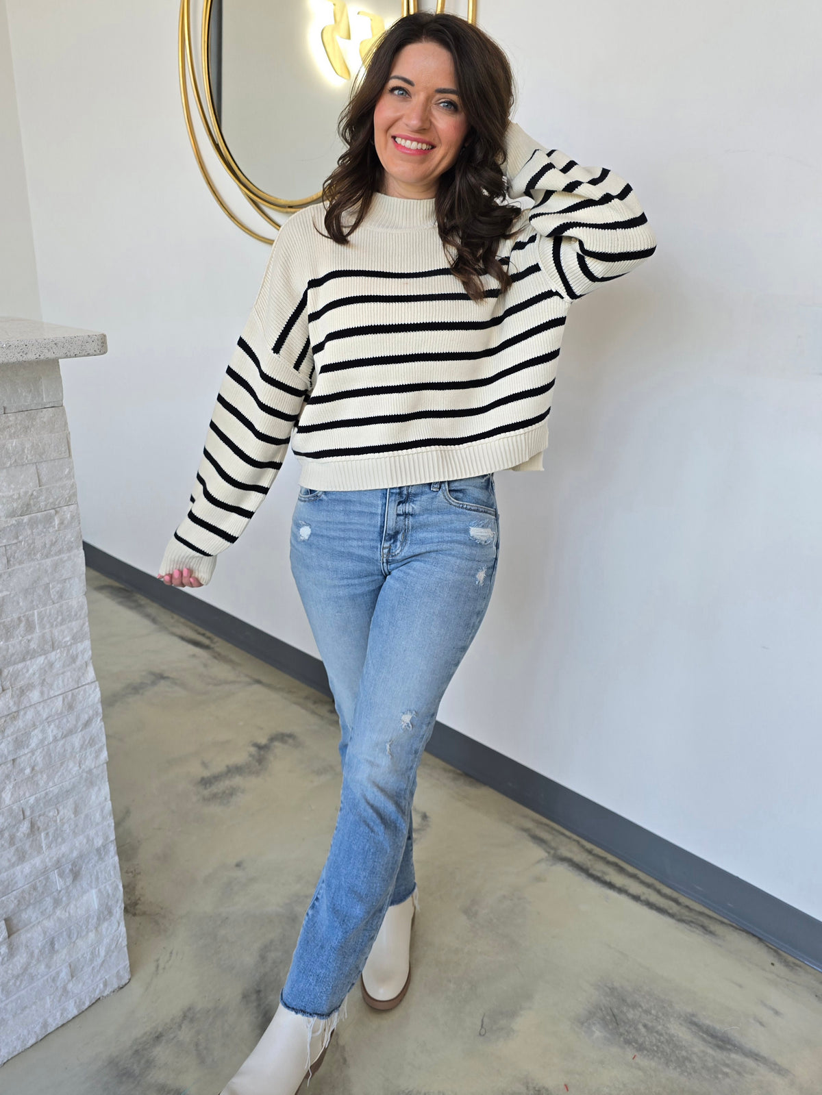 STRIPED MOCK NECK KNIT SWEATER