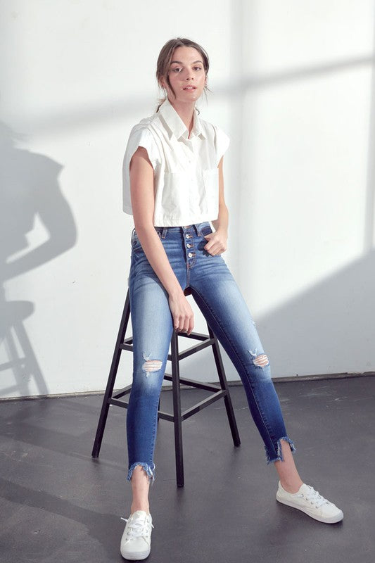 HIGH RISE BUTTON FLY ANKLE SKINNY JEANS